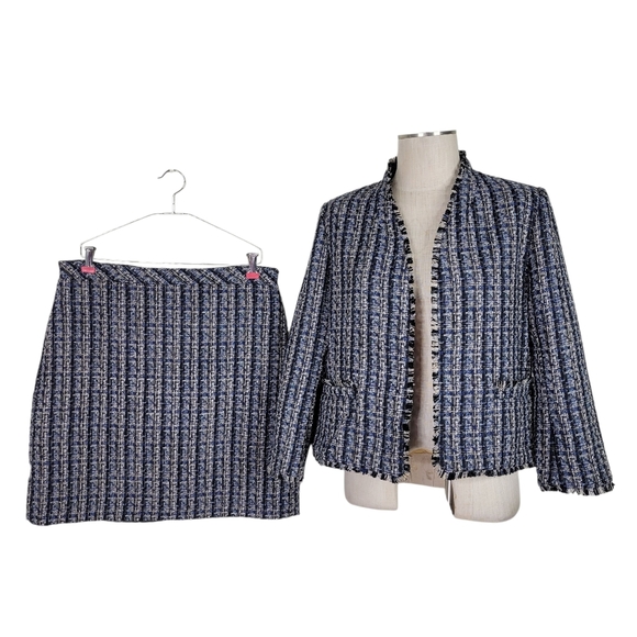 Ann Taylor Factory Tweed Skirt Suit 12 Black Tan Fringe Trim Pockets Open Front - Picture 11 of 11